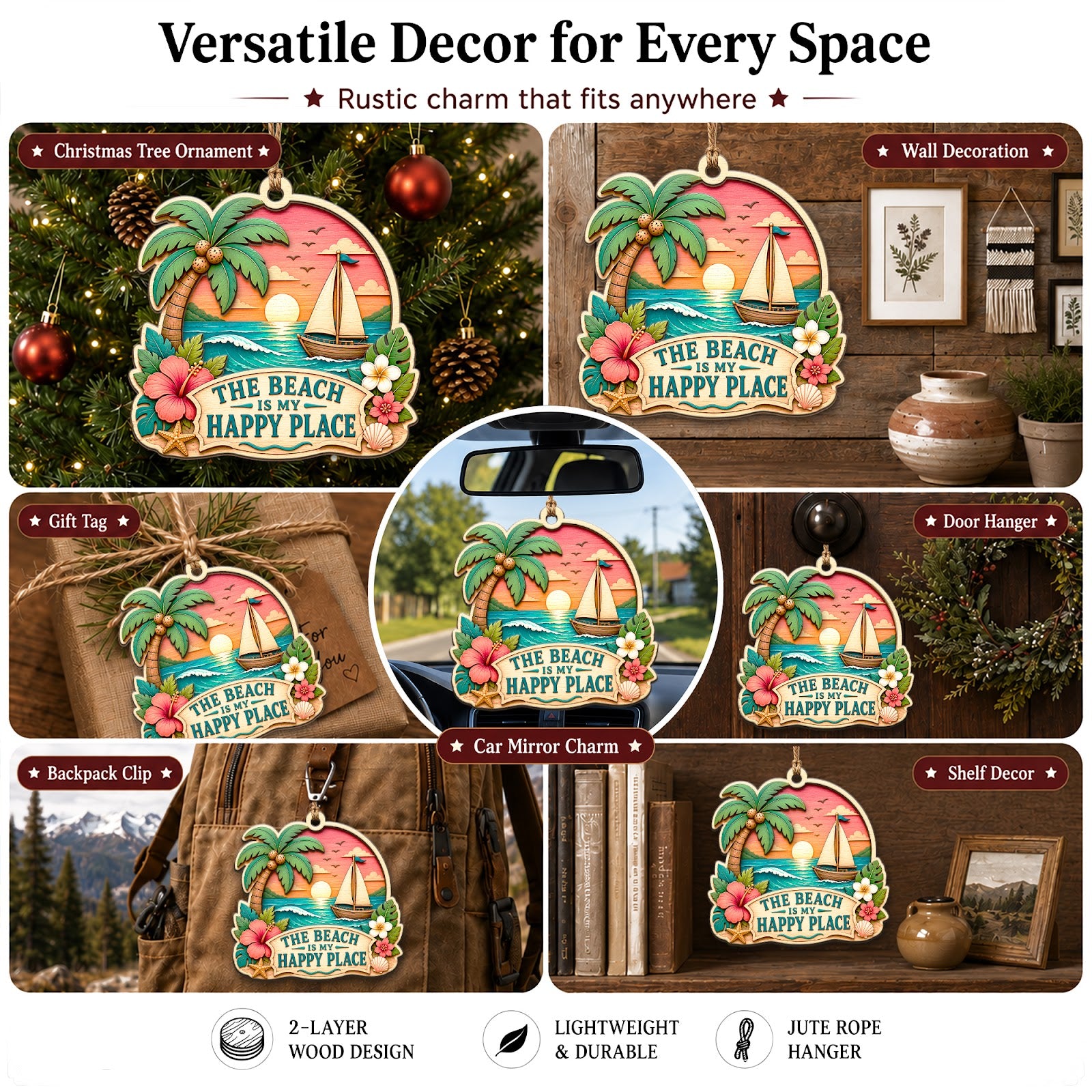 Beach Place Ocean Summer Relax Christmas Ornament, Sandy Shore Keepsake, Wood Tree Decoration