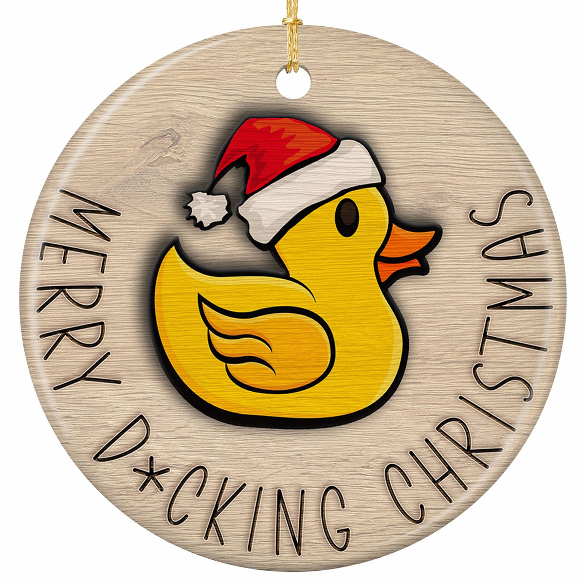 A Cartoon Rubber Duck in a Tilted Santa Hat on Woodgrain With Engraved Rim Lettering. Ceramic Gag Keepsake.