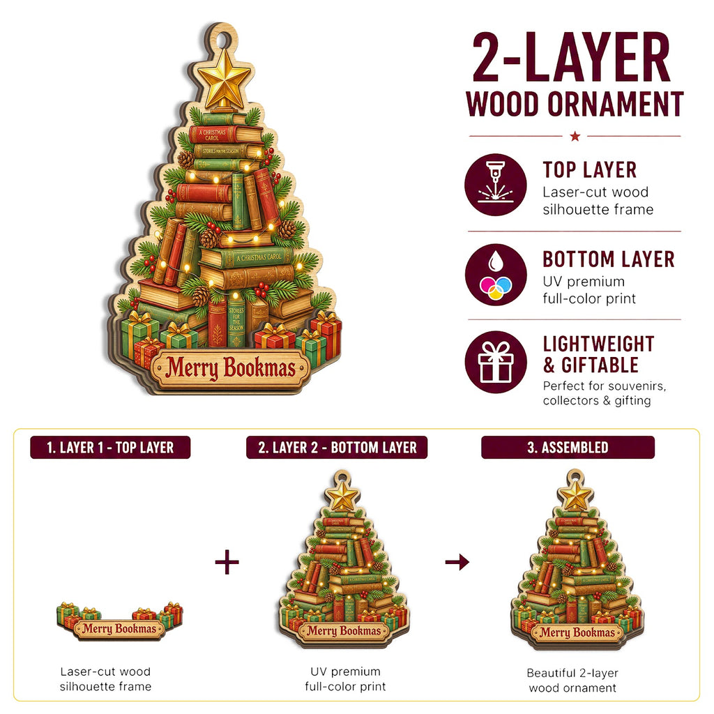 Book Tree Reader Library Lover Christmas Ornament, Reading Lover Keepsake, Wood Tree Decoration