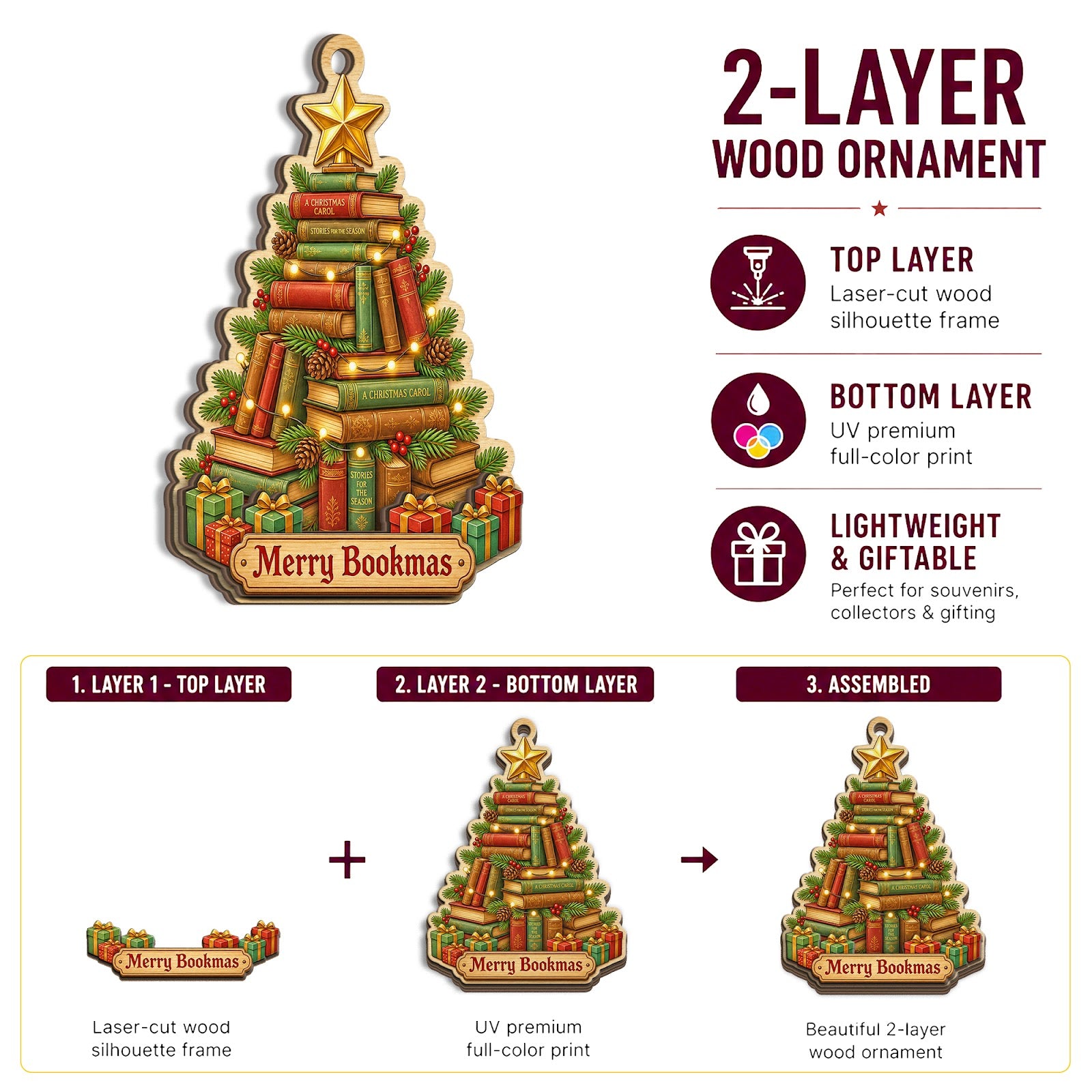 Book Tree Reader Library Lover Christmas Ornament, Reading Lover Keepsake, Wood Tree Decoration