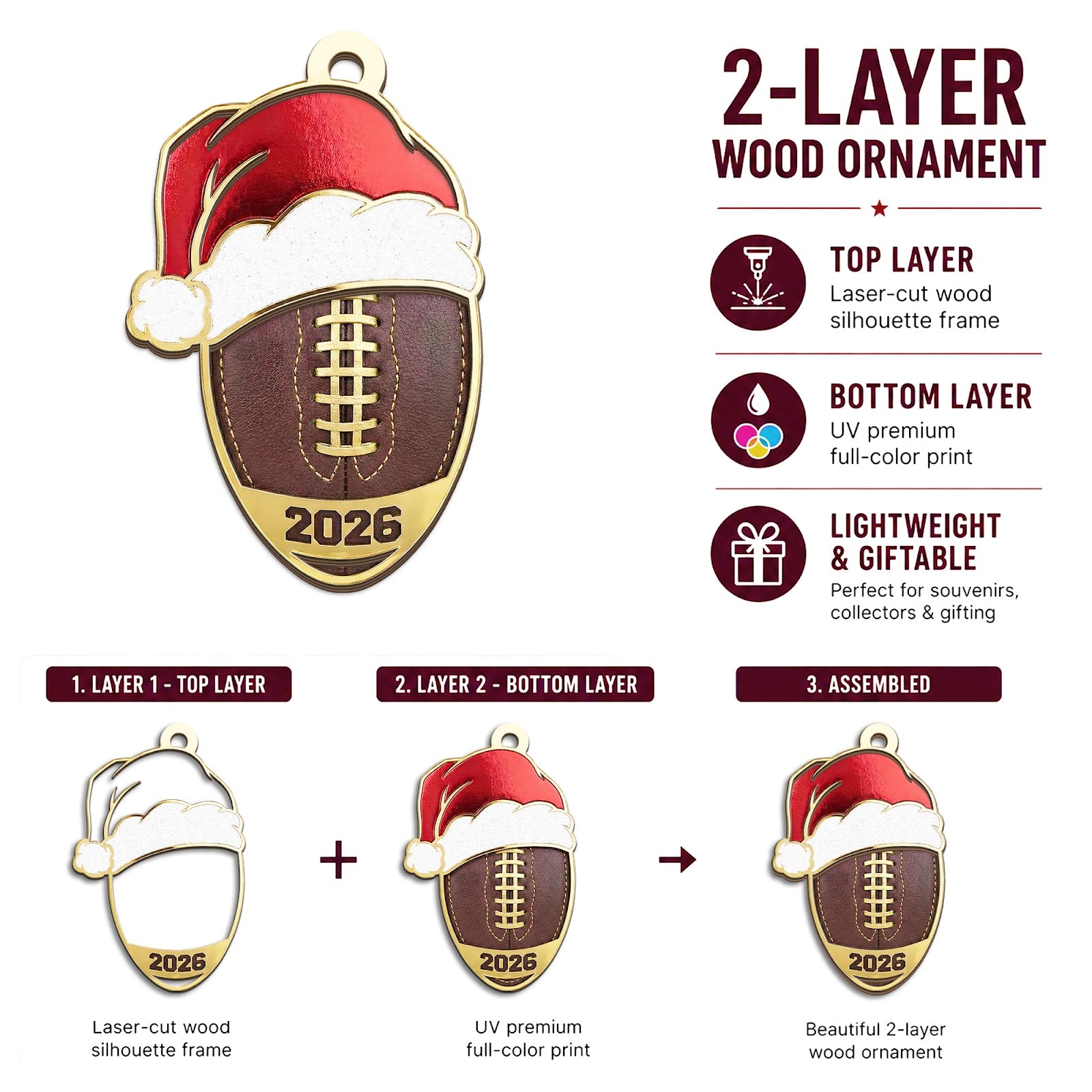Football Wood Christmas Ornament