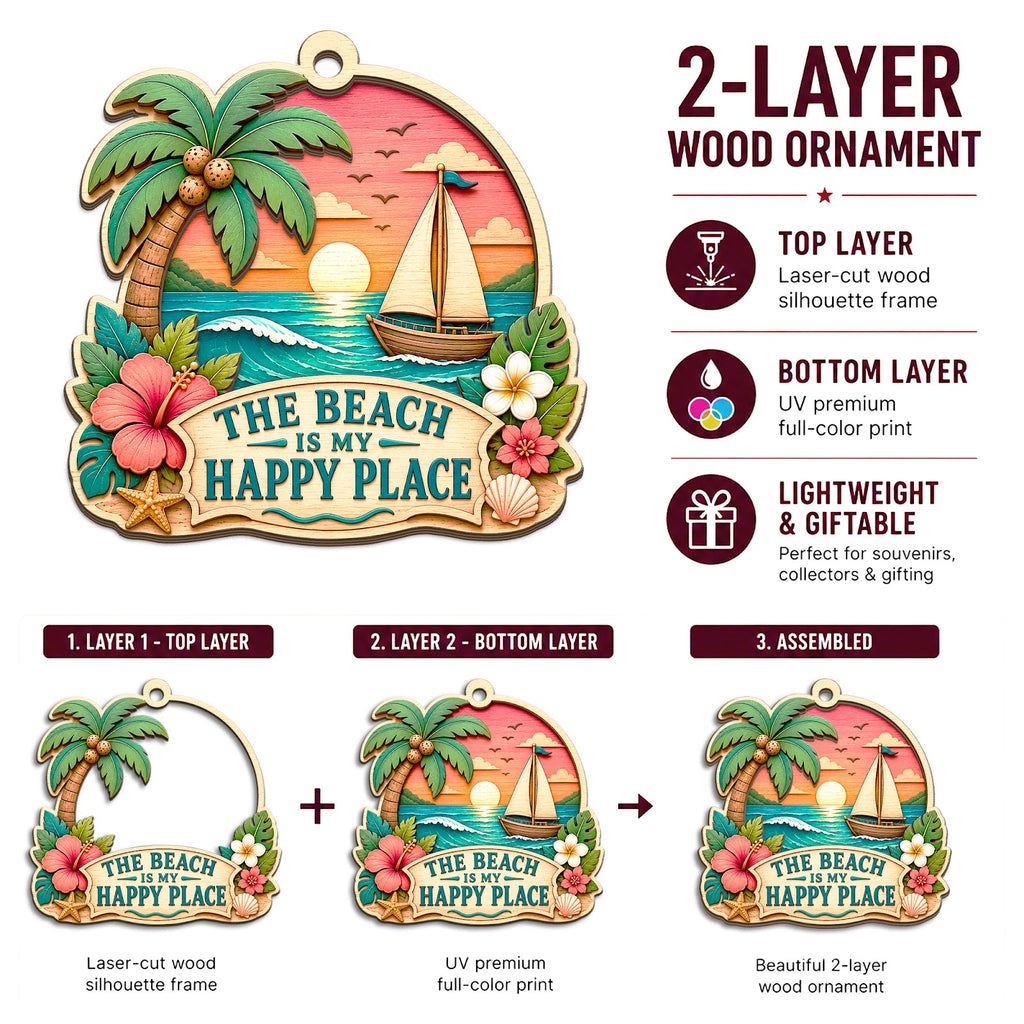 Beach Place Ocean Summer Relax Christmas Ornament, Sandy Shore Keepsake, Wood Tree Decoration