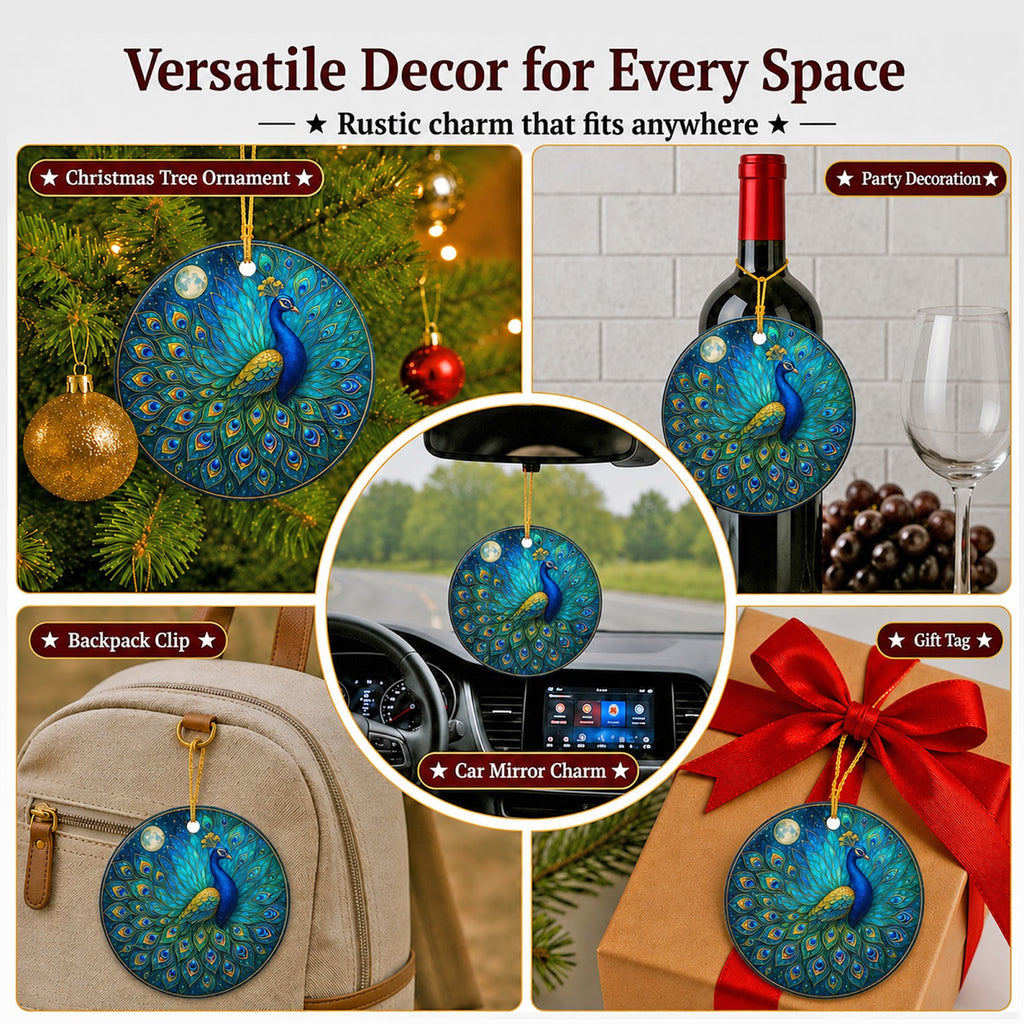 Peacock Christmas Ornament, Fanned Tail Night Sky Gift, Ceramic Hanging Tree Decoration