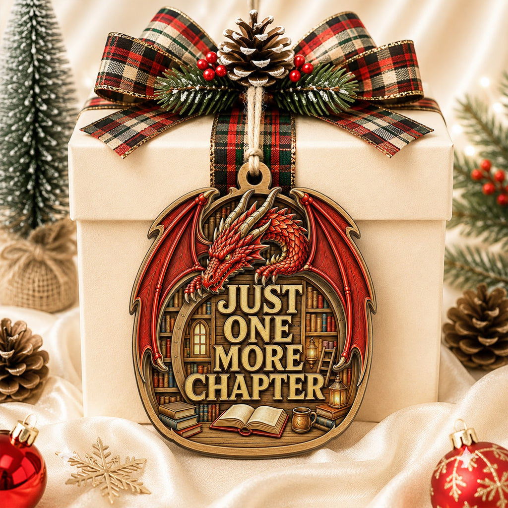 Red Flying Book Dragon Fantasy Christmas Ornament, Flying Dragon Keepsake, Wood Tree Decoration
