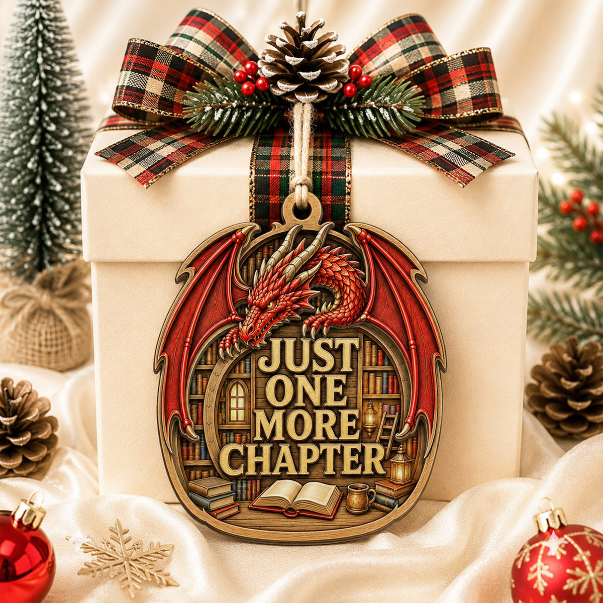 Red Flying Book Dragon Fantasy Christmas Ornament, Flying Dragon Keepsake, Wood Tree Decoration