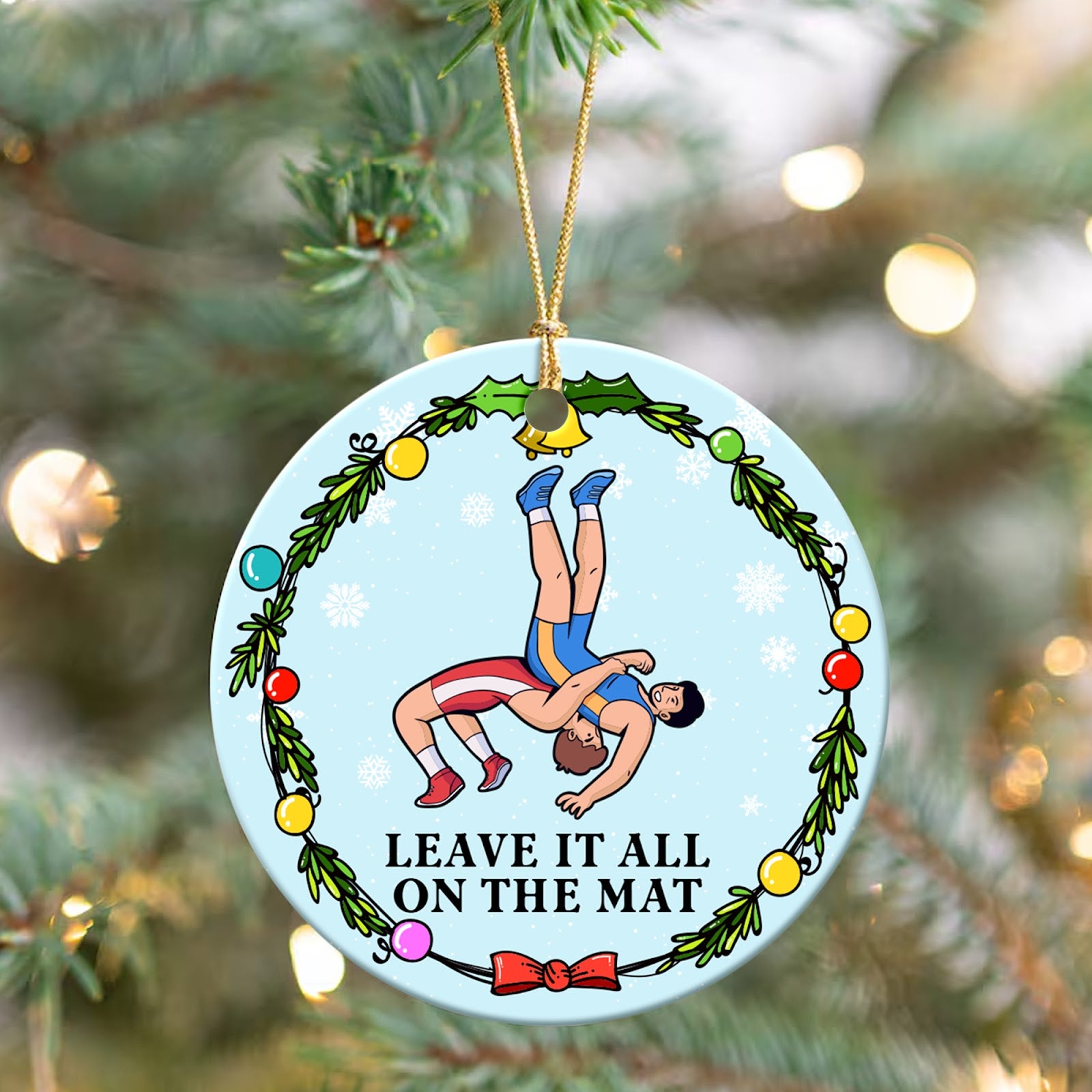 Wrestling Christmas Ornament, Leave It All On The Mat, Ceramic Hanging Tree Decoration