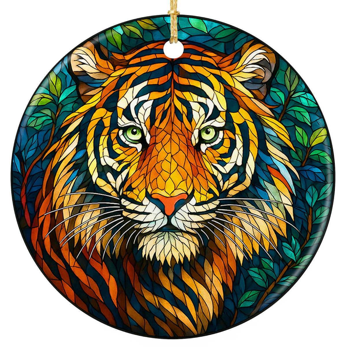 Tiger Face in Orange and Gold Mosaic Stripes With Pale Green Eyes. Ceramic Keepsake for Wildlife Fans.