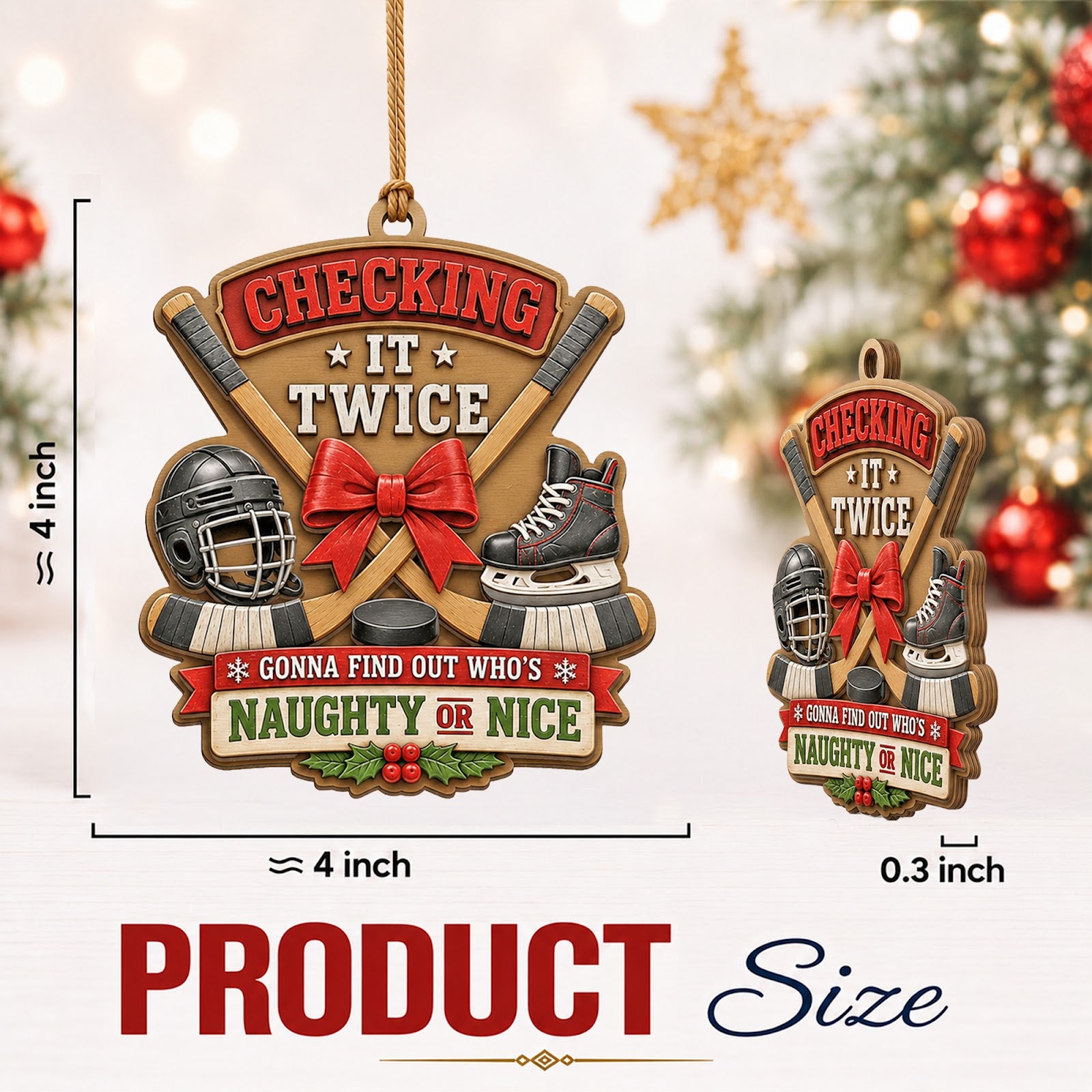Hockey Crossed Sticks Wood Christmas Ornament