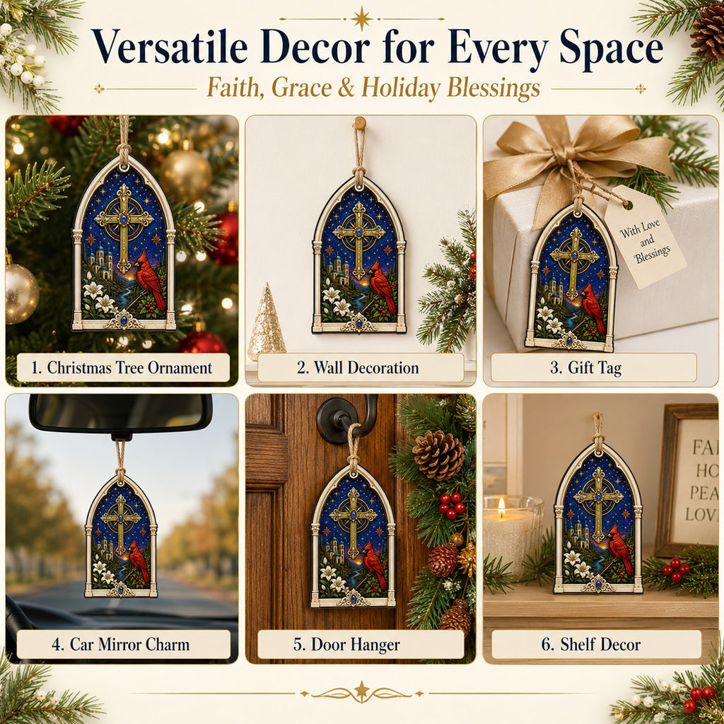 Cardinal And Cross Christmas Ornament, Faith Sympathy Gift, Wood Hanging Tree Decoration