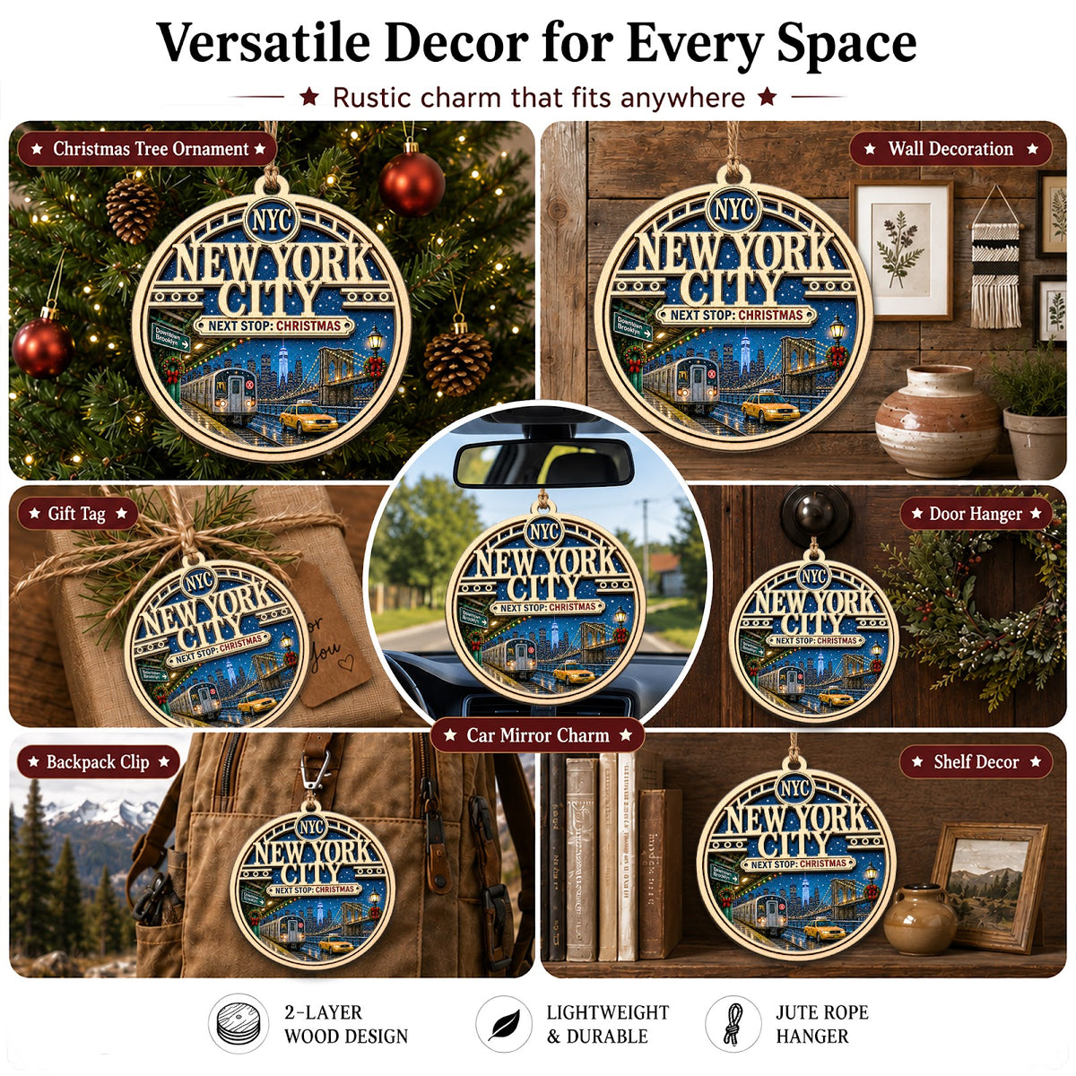 New York City Christmas Ornament, Manhattan Skyline Travel Souvenir Gift, Wood Tree Decoration