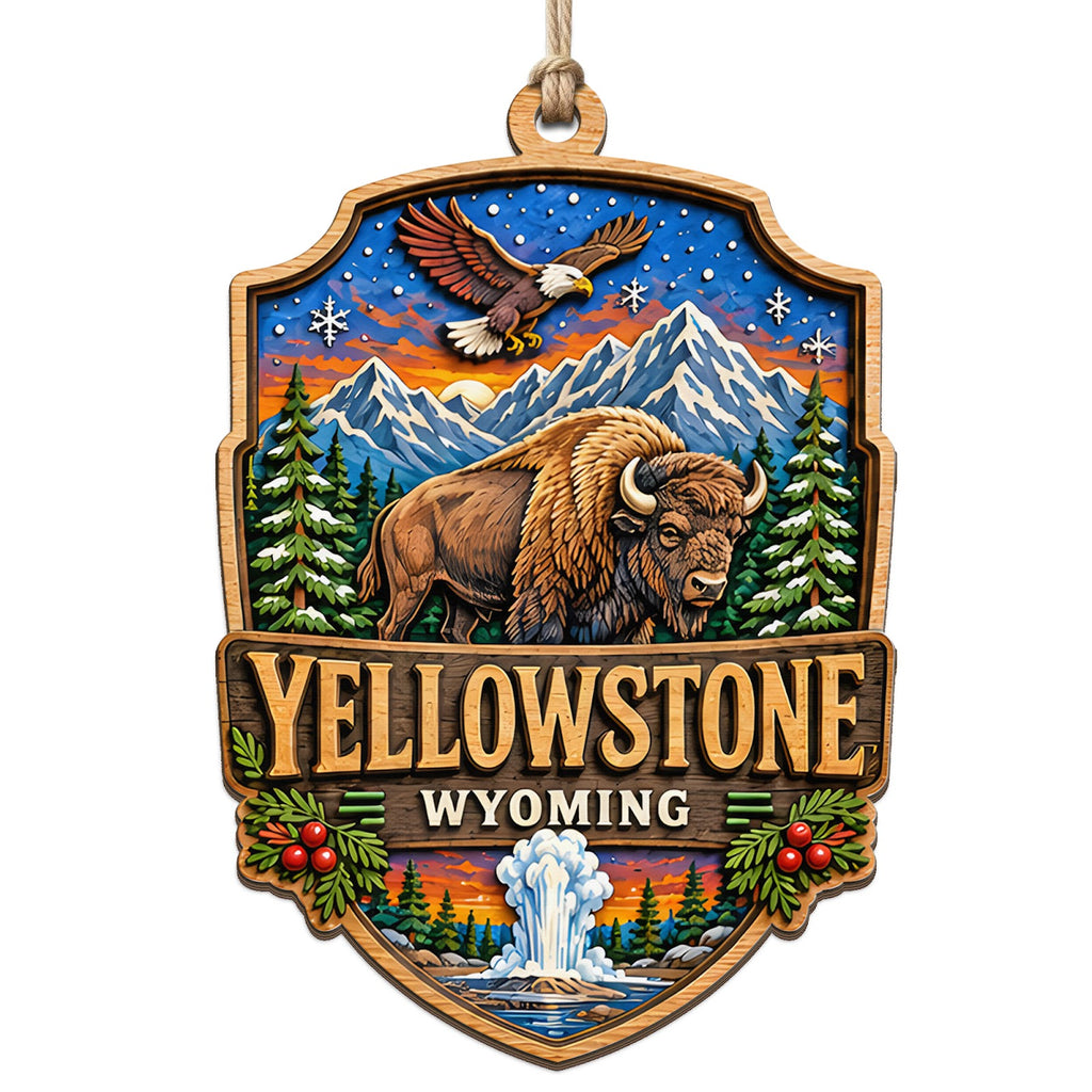 A Geyser Erupting With Grazing Bison and Thermal Hot Spring Terraces. Wood Keepsake for Wildlife Fans.