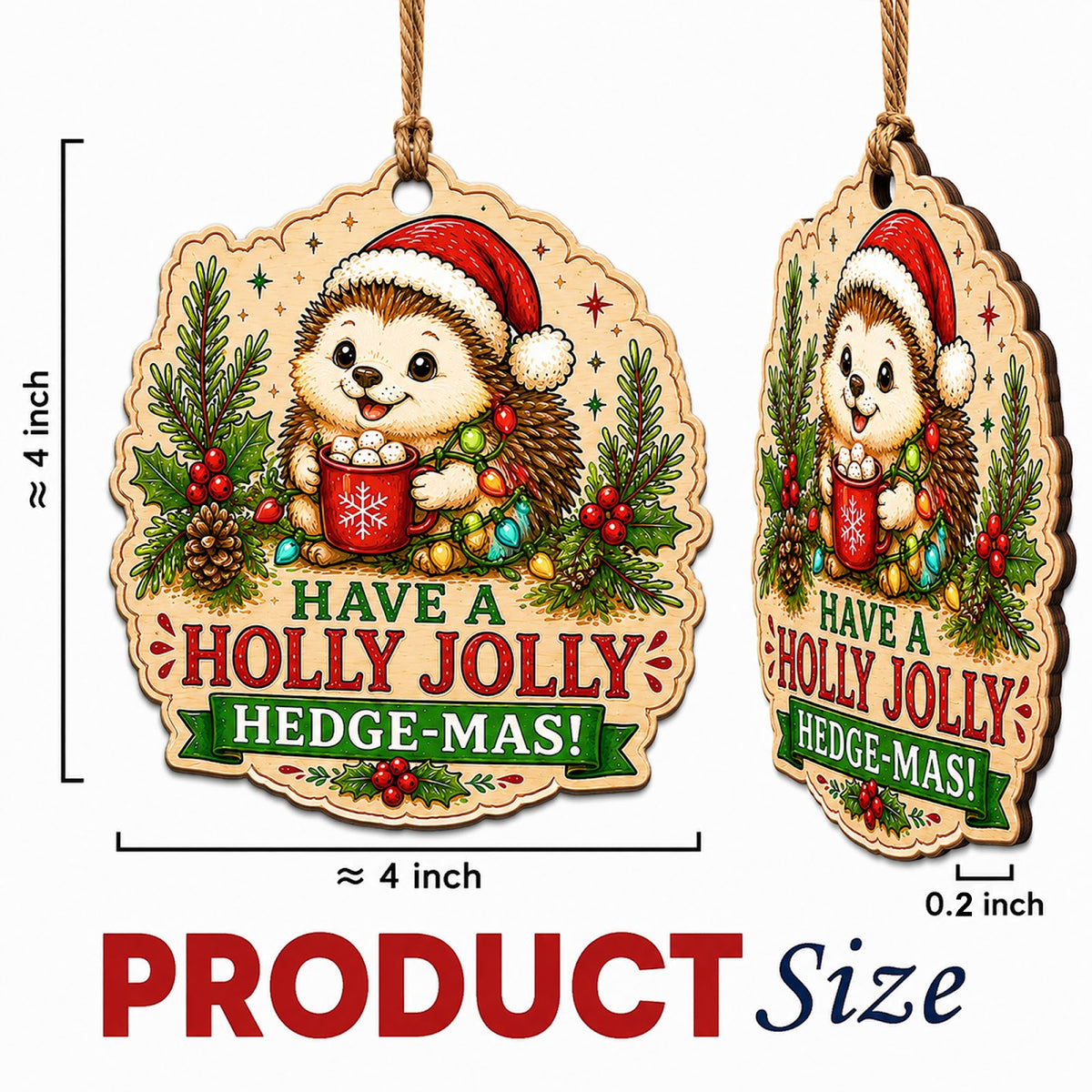 Hedgehog Christmas Ornament, Stocking Stuffer For Hedgehog Lover, Wood Hanging Tree Decoration
