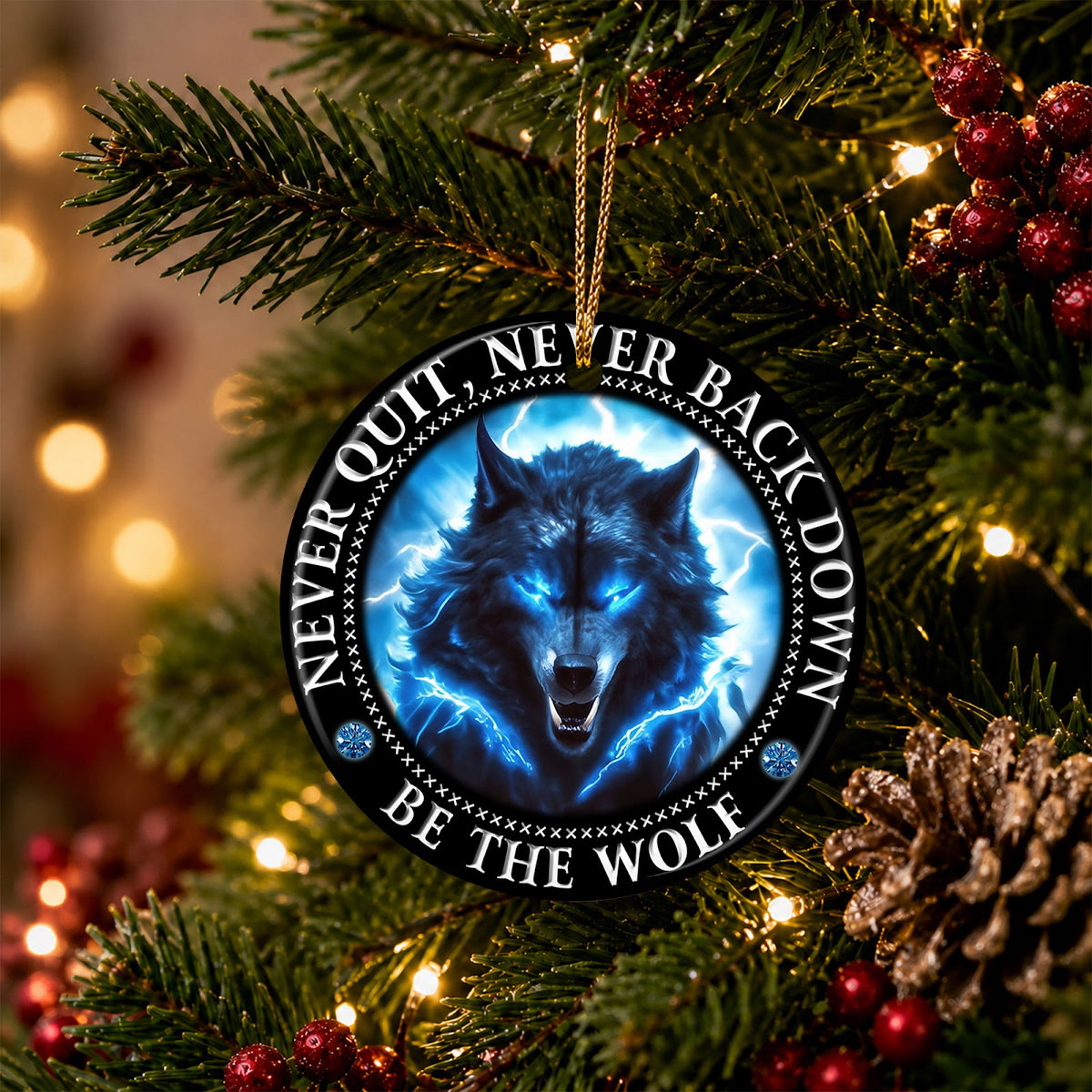 Wolf Christmas Ornament, Never Quit Never Back Down Gift, Ceramic Hanging Tree Decoration