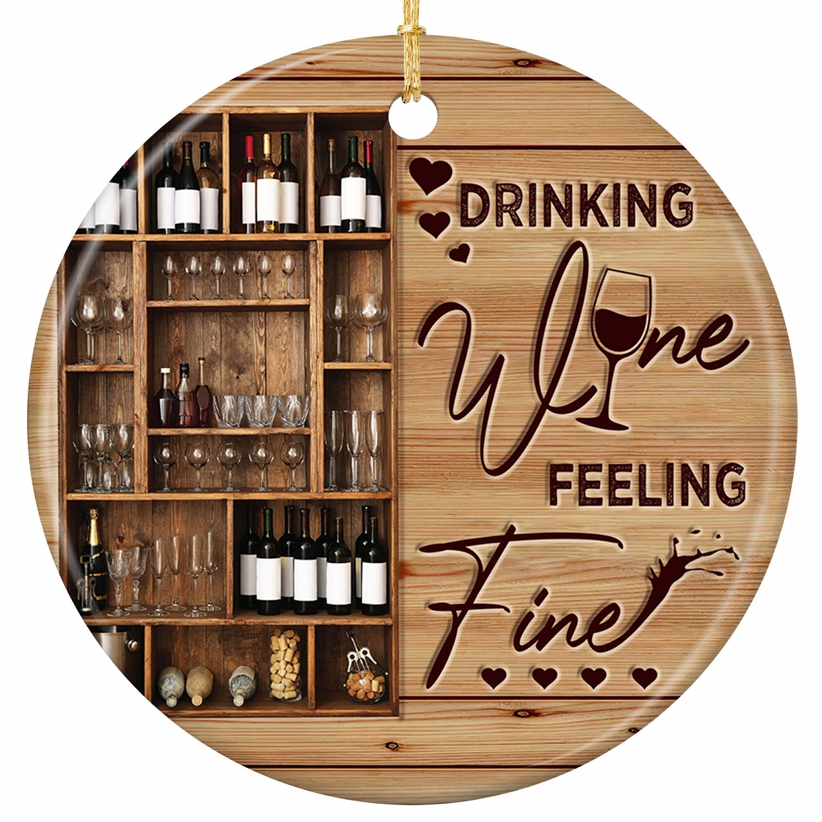 A Photoreal Wine Rack Stacked With Bottles and Hanging Glasses on Pine Planks. Ceramic Keepsake for Wine Lovers.