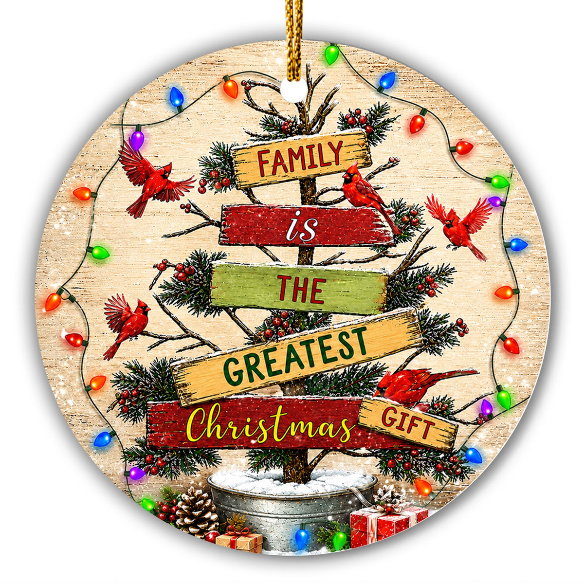 Family Is the Greatest Christmas Gift. Rustic Sign Tree Ringed by Red Cardinals, Ceramic Keepsake.