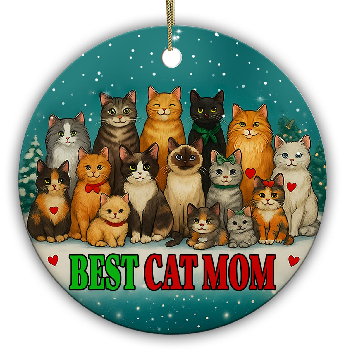 Fifteen Cats Tiered on a Snowy Ridge With Floating Hearts. Ceramic Keepsake for Multi-Cat Cat Moms.