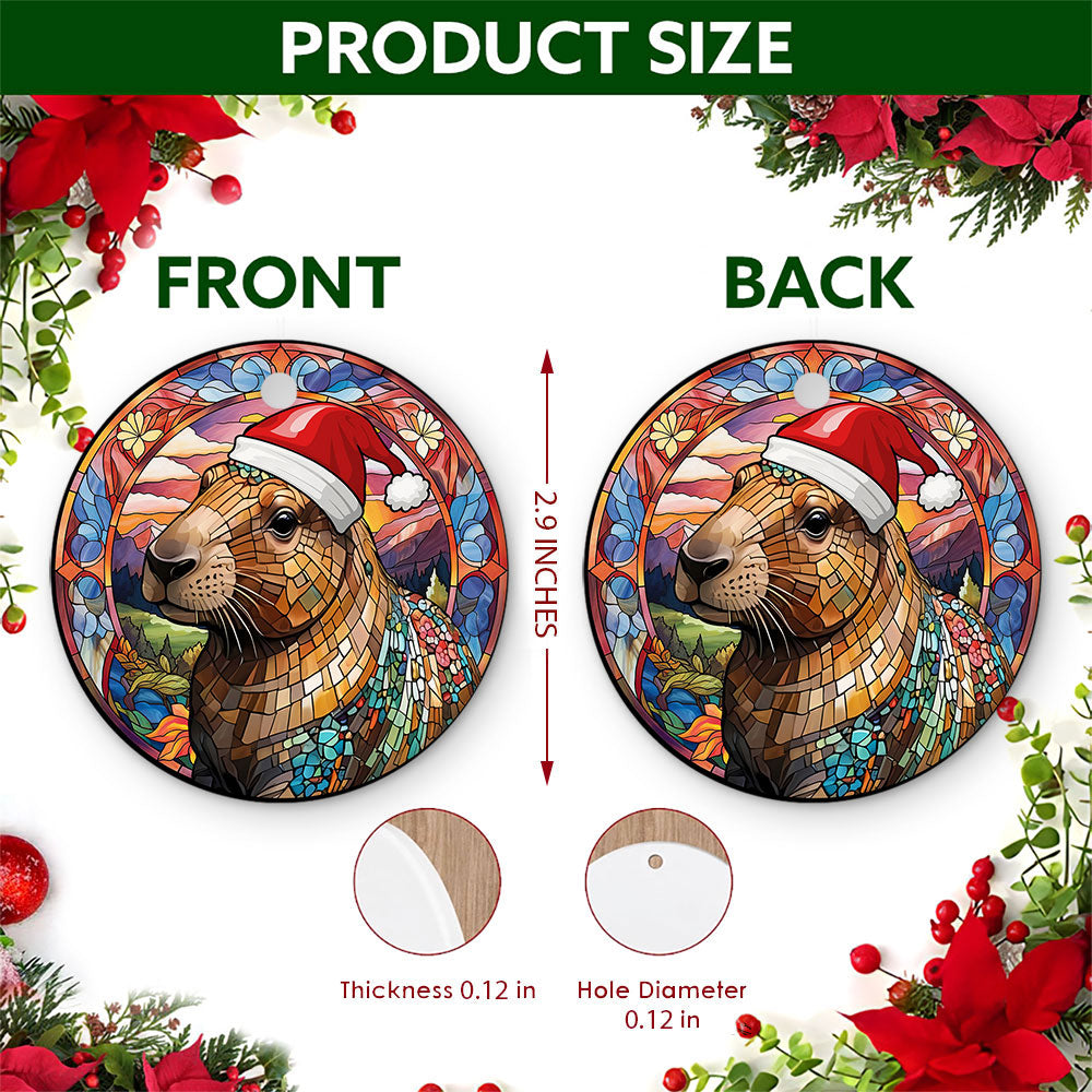 Capybara Christmas Ornament, Stained Glass Santa Hat Gift, Ceramic Hanging Tree Decoration