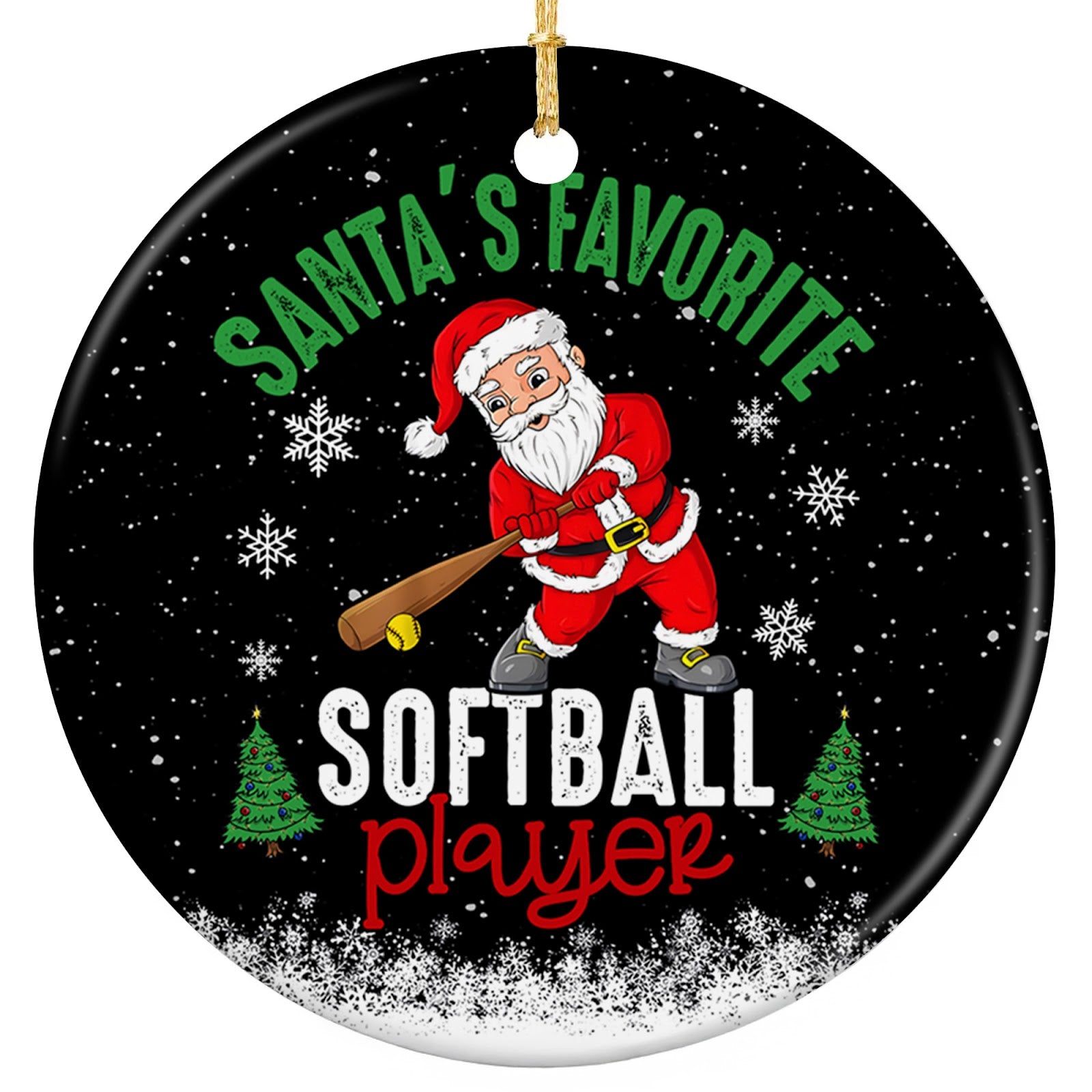 Santa in a Batting Stance With a Yellow Softball. Ceramic Keepsake for Travel and School Softball Teams.