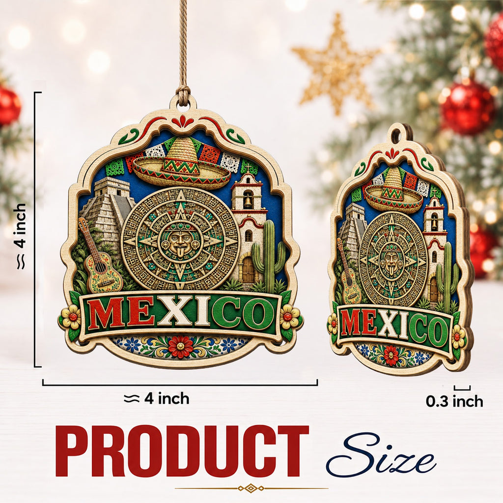 Mexico Christmas Ornament, Mayan Pyramid and Mariachi Souvenir Gift, Wood Tree Decoration
