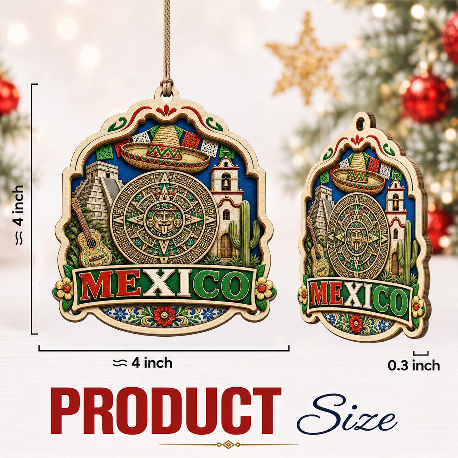 Mexico Christmas Ornament, Mayan Pyramid and Mariachi Souvenir Gift, Wood Tree Decoration