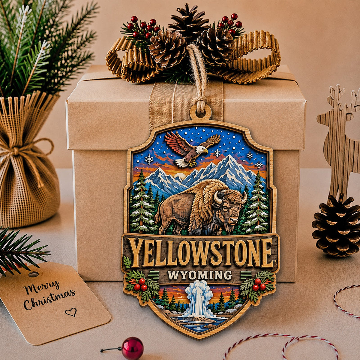Yellowstone National Park Christmas Ornament, Wyoming Geyser and Bison Gift, Wood Ornament