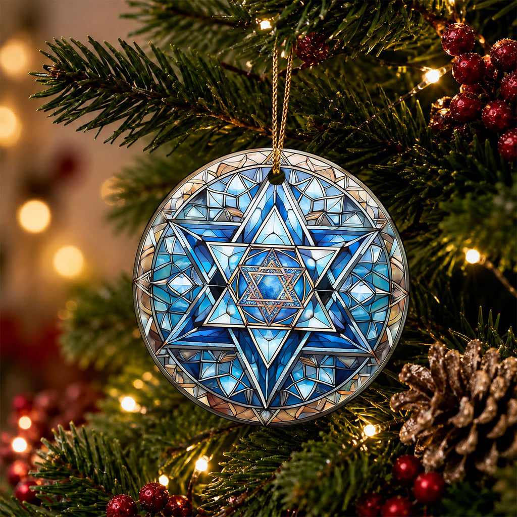 Hanukkah Christmas Ornament, Stained Glass Star Mandala Gift Idea, Ceramic Tree Decoration