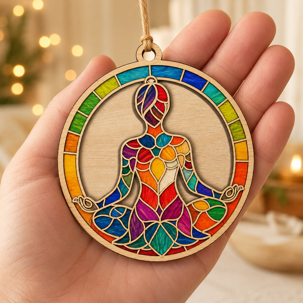 Stained Glass Yoga Wood Christmas Ornament