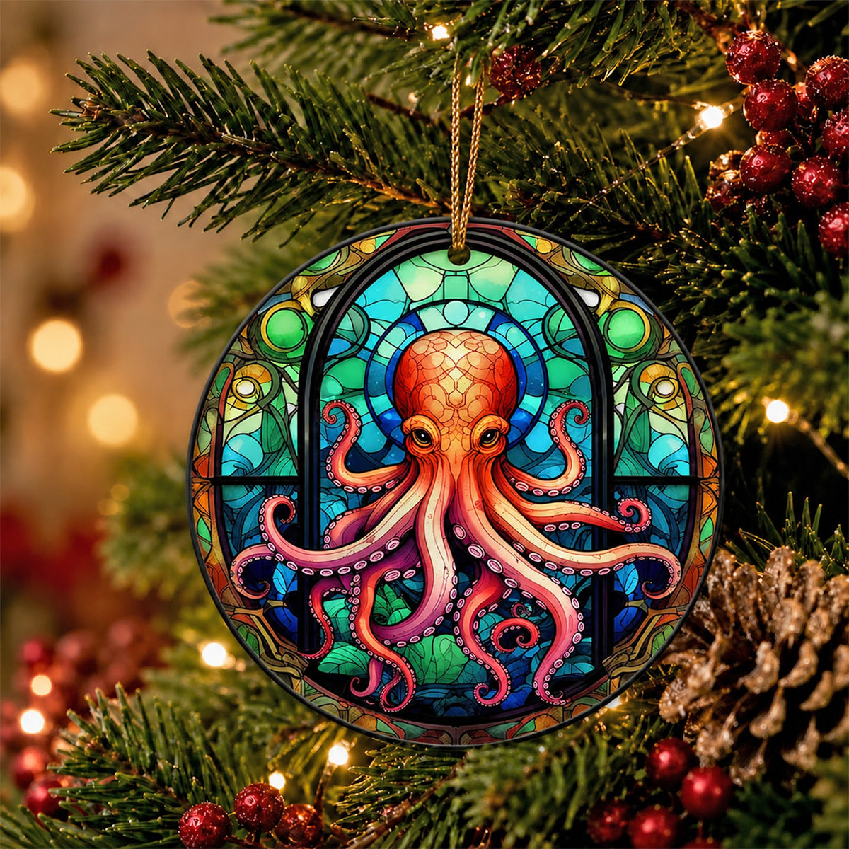 Octopus Christmas Ornament, Stained Glass Coastal Gift, Ceramic Hanging Tree Decoration