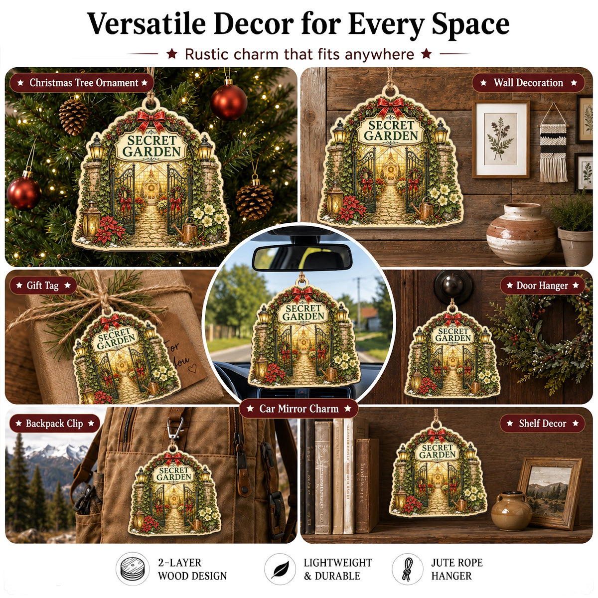 Secret Garden Floral Botanical Christmas Ornament, Stocking Stuffer For Gardener, Wood Ornament