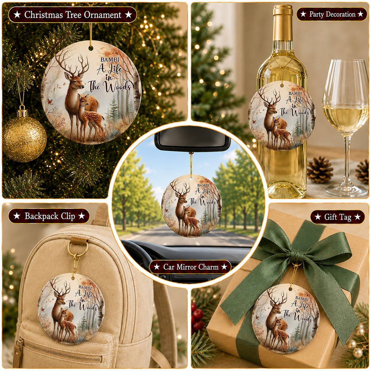 Deer Christmas Ornament, Buck And Fawn Woodland Gift, Ceramic Hanging Tree Decoration
