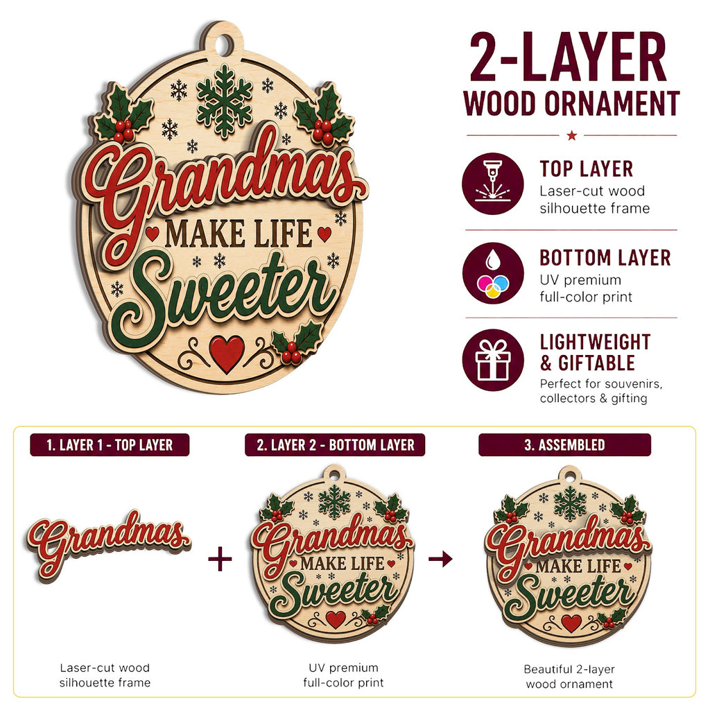 Grandma Sweeter Christmas Ornament, Gift From Grandkids, Wood Hanging Tree Decoration
