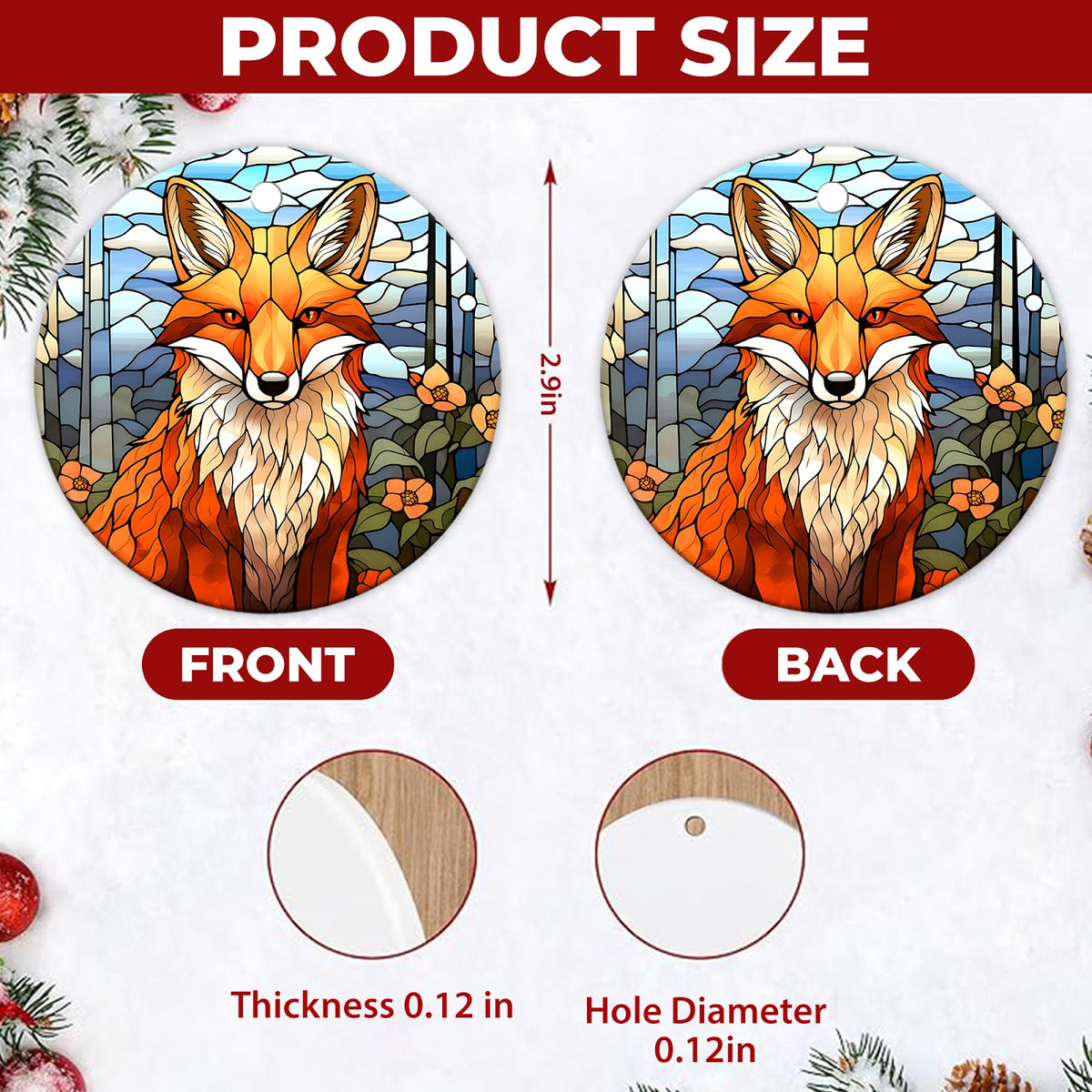 Fox Christmas Ornament, Stained Glass Woodland Animal Gift, Ceramic Hanging Tree Decoration