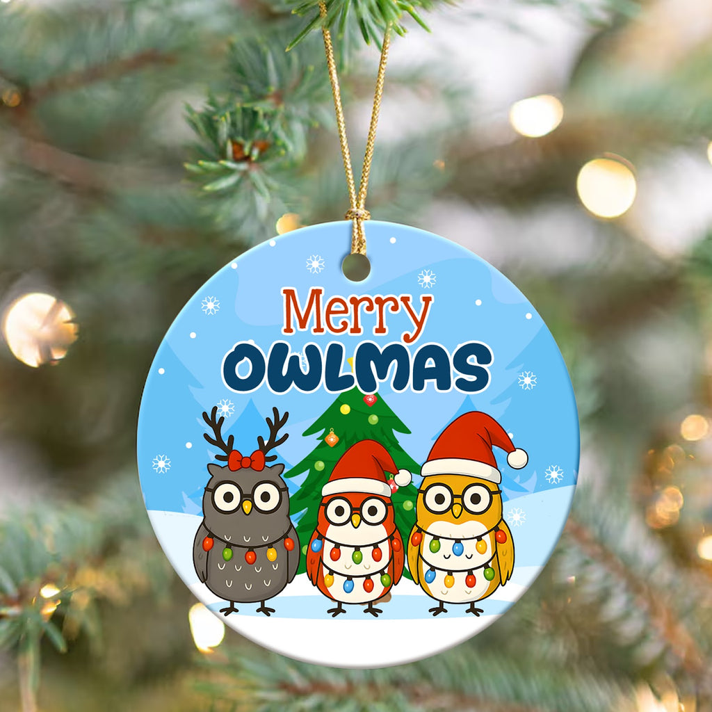 Owl Christmas Ornament, Merry Owlmas Three Owls Gift, Ceramic Hanging Tree Decoration