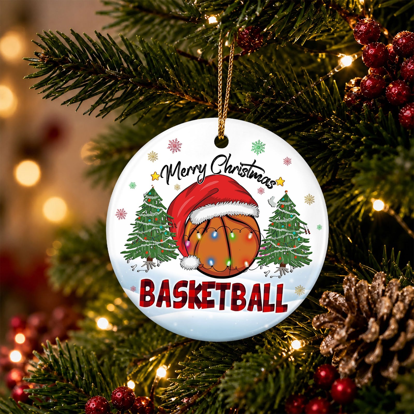 Basketball Christmas Ornament, Ball In A Santa Hat Team Gift Idea, Ceramic Tree Decoration