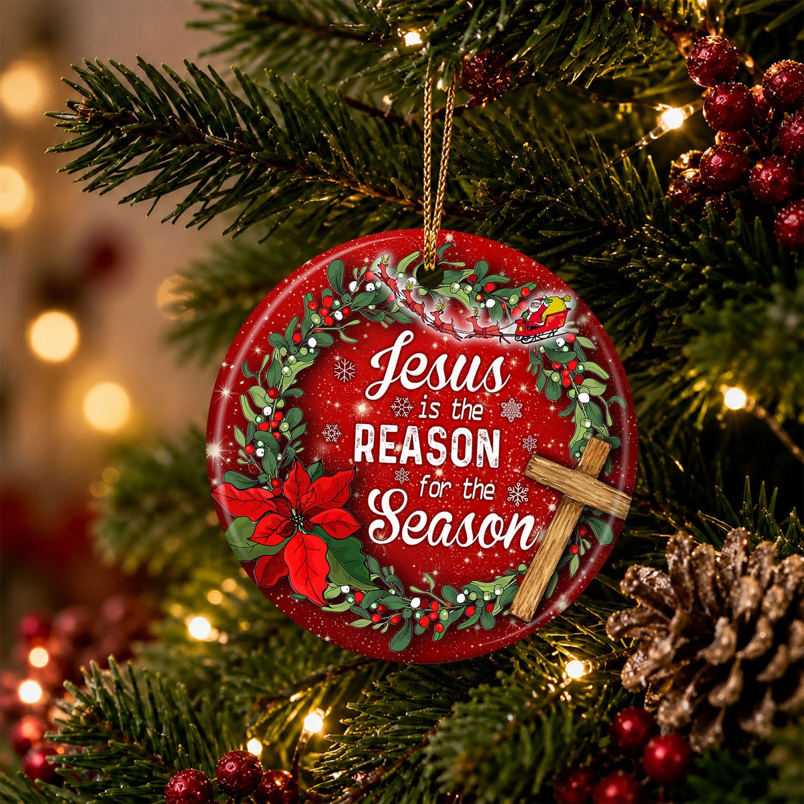 Religious Christmas Ornament, Wooden Cross Holly Wreath Gift, Ceramic Hanging Tree Decoration