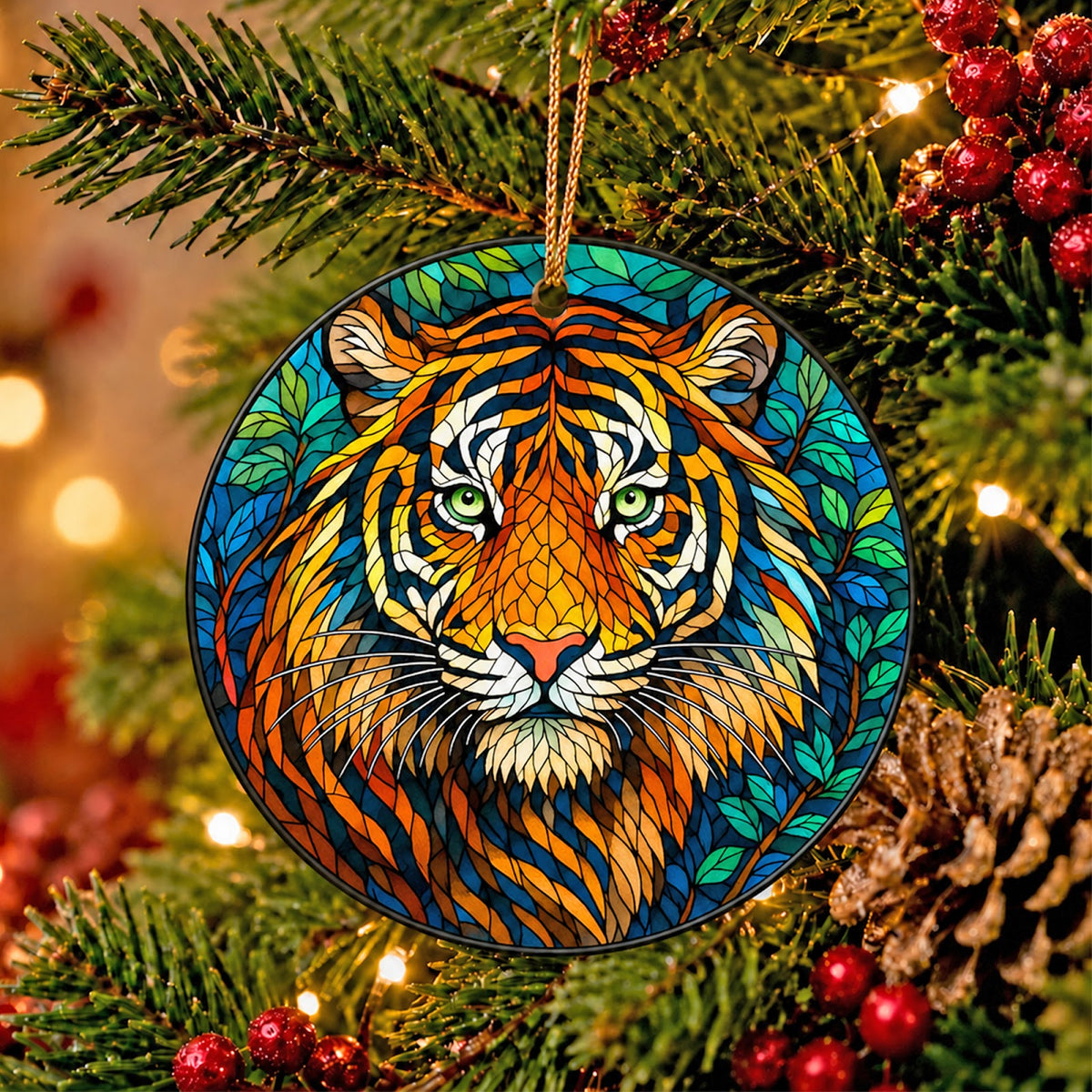 Tiger Christmas Ornament, Stained Glass Big Cat Lover Gift, Ceramic Hanging Tree Decoration