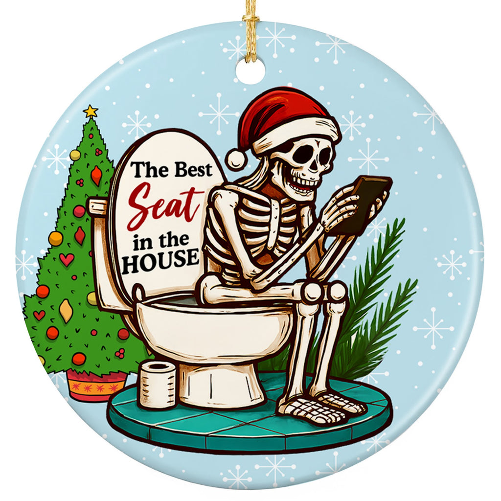 Santa-Hatted Skeleton Scrolling on the Throne. Ceramic Gag Keepsake for White Elephant and Dirty Santa.