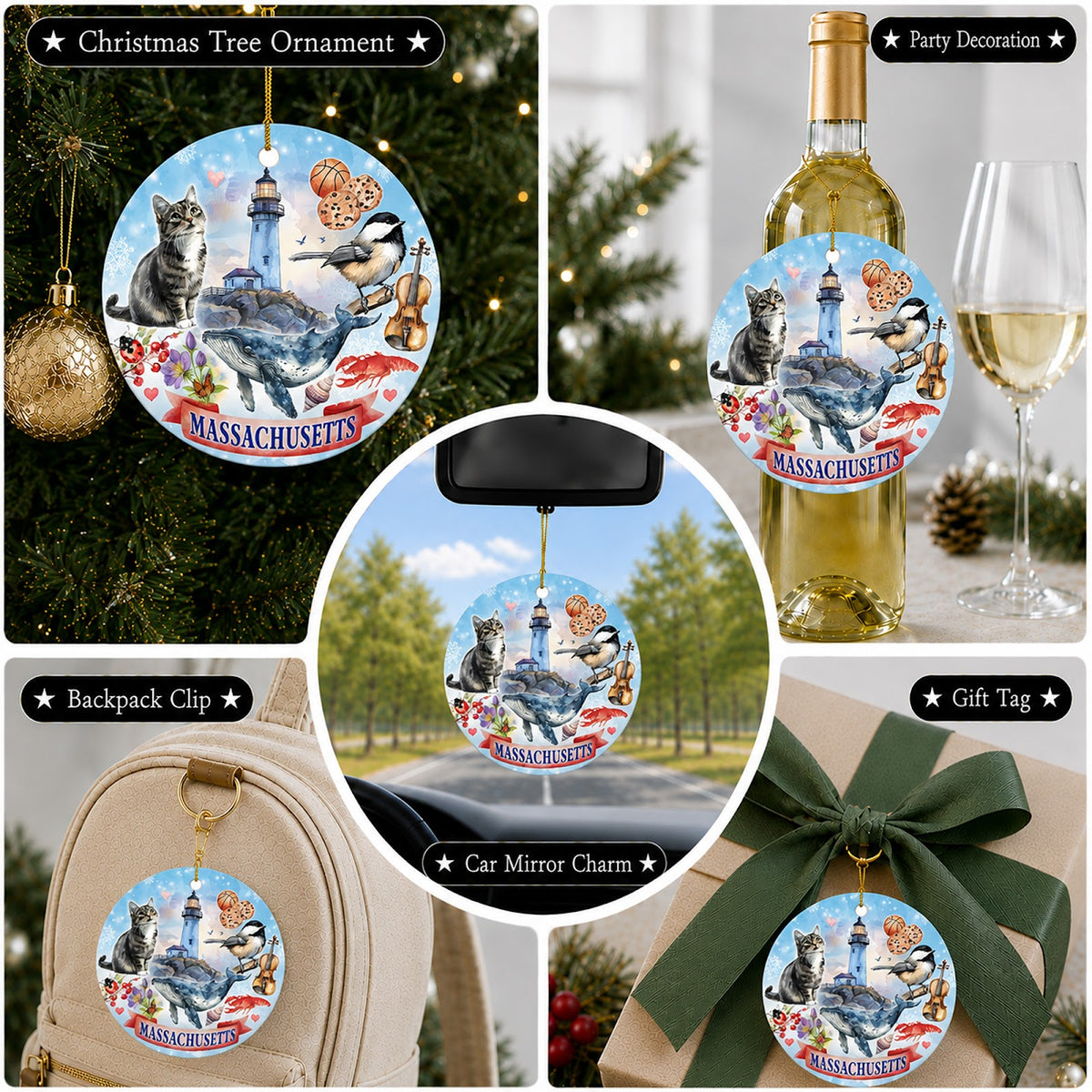 Massachusetts Christmas Ornament, State Souvenir Keepsake Gift, Ceramic Hanging Tree Decoration