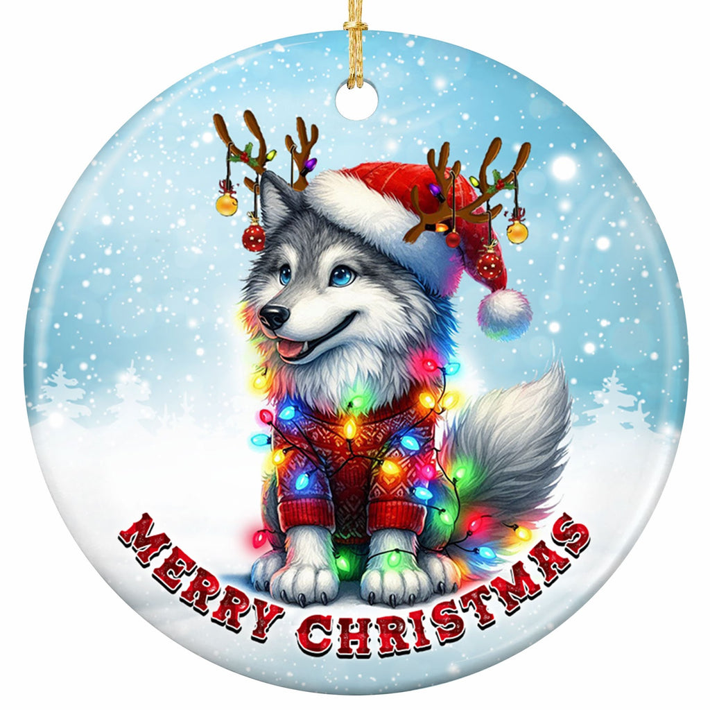 A Blue-Eyed Husky in a Knitted Christmas Sweater, Santa Hat and Baubled Antlers. Ceramic Keepsake.