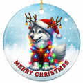 A Blue-Eyed Husky in a Knitted Christmas Sweater, Santa Hat and Baubled Antlers. Ceramic Keepsake.