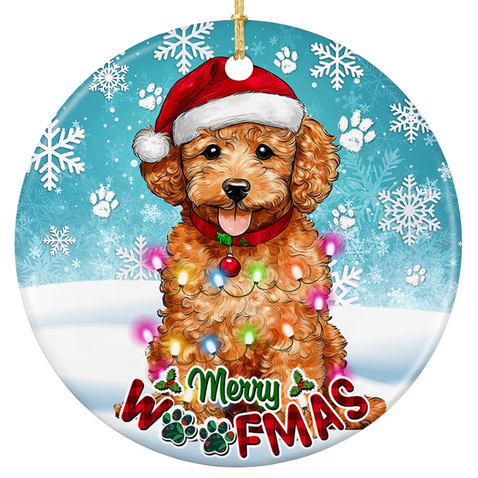 Curly Toy Poodle in a Santa Hat With a Jingle Bell Collar. Ceramic Keepsake for Poodle and Doodle Owners.