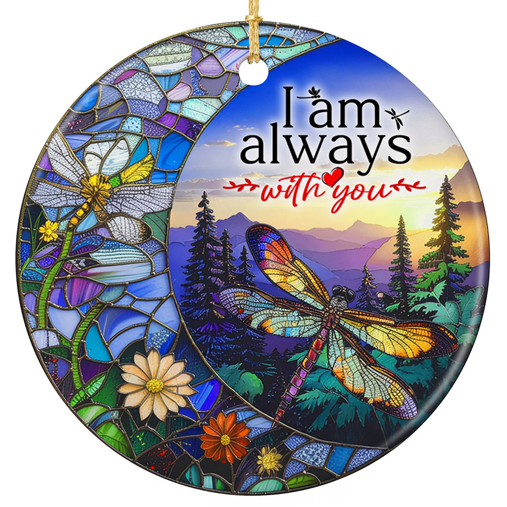 Mosaic Dragonfly, Daisies and a Crescent Moon Beside a Sunset Mountain Scene. Ceramic Memorial Keepsake.