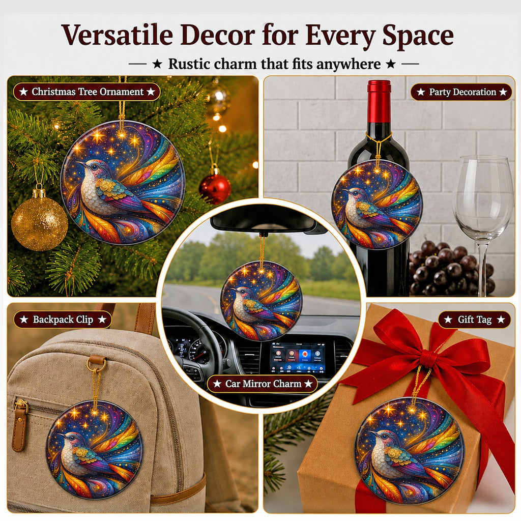 Bird Christmas Ornament, Rainbow Fantasy Celestial Gift, Ceramic Hanging Tree Decoration