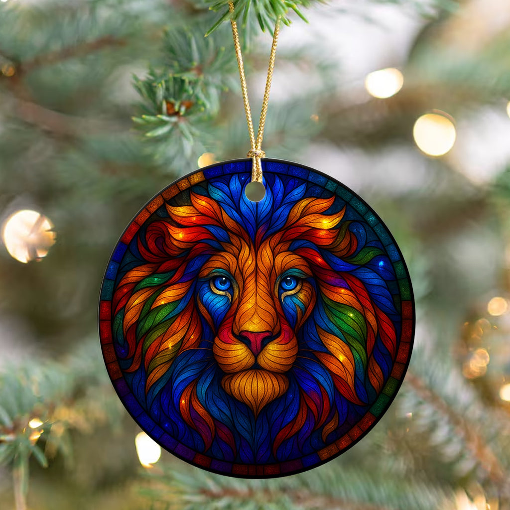 Lion Christmas Ornament, Stained Glass Big Cat Gift, Ceramic Hanging Tree Decoration