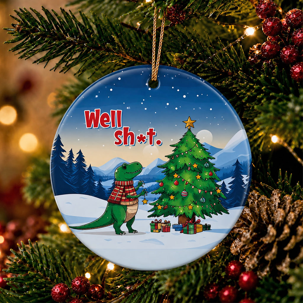 Dinosaur Christmas Ornament, Funny T Rex Novelty Humor Gift, Ceramic Hanging Tree Decoration