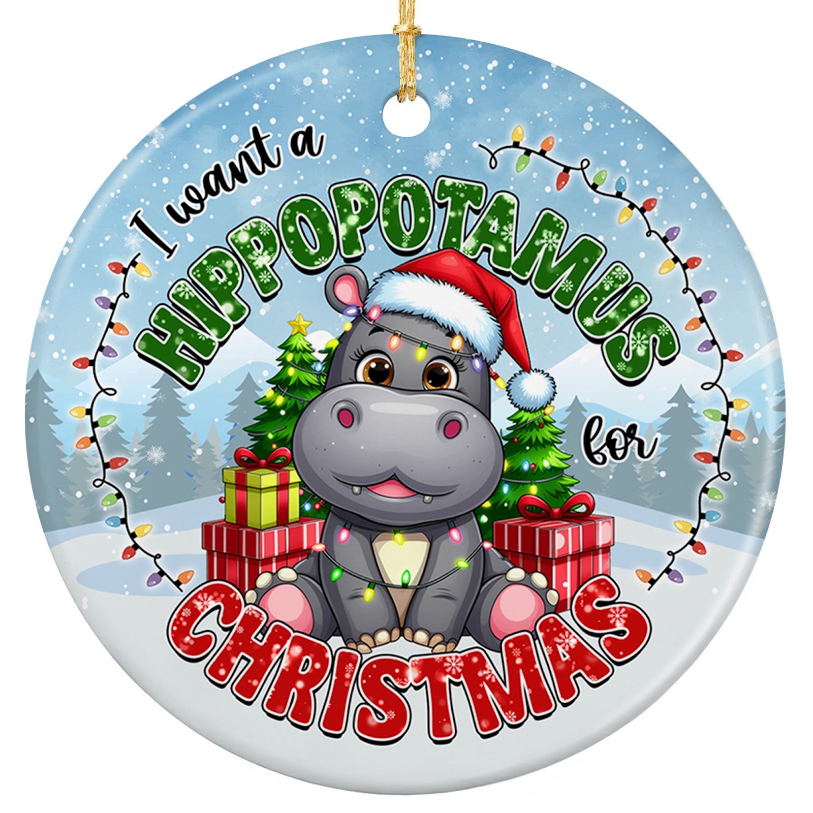 Smiling Gray Baby Hippo in a Santa Hat With Lights, Seated Among Wrapped Presents. Ceramic Keepsake.
