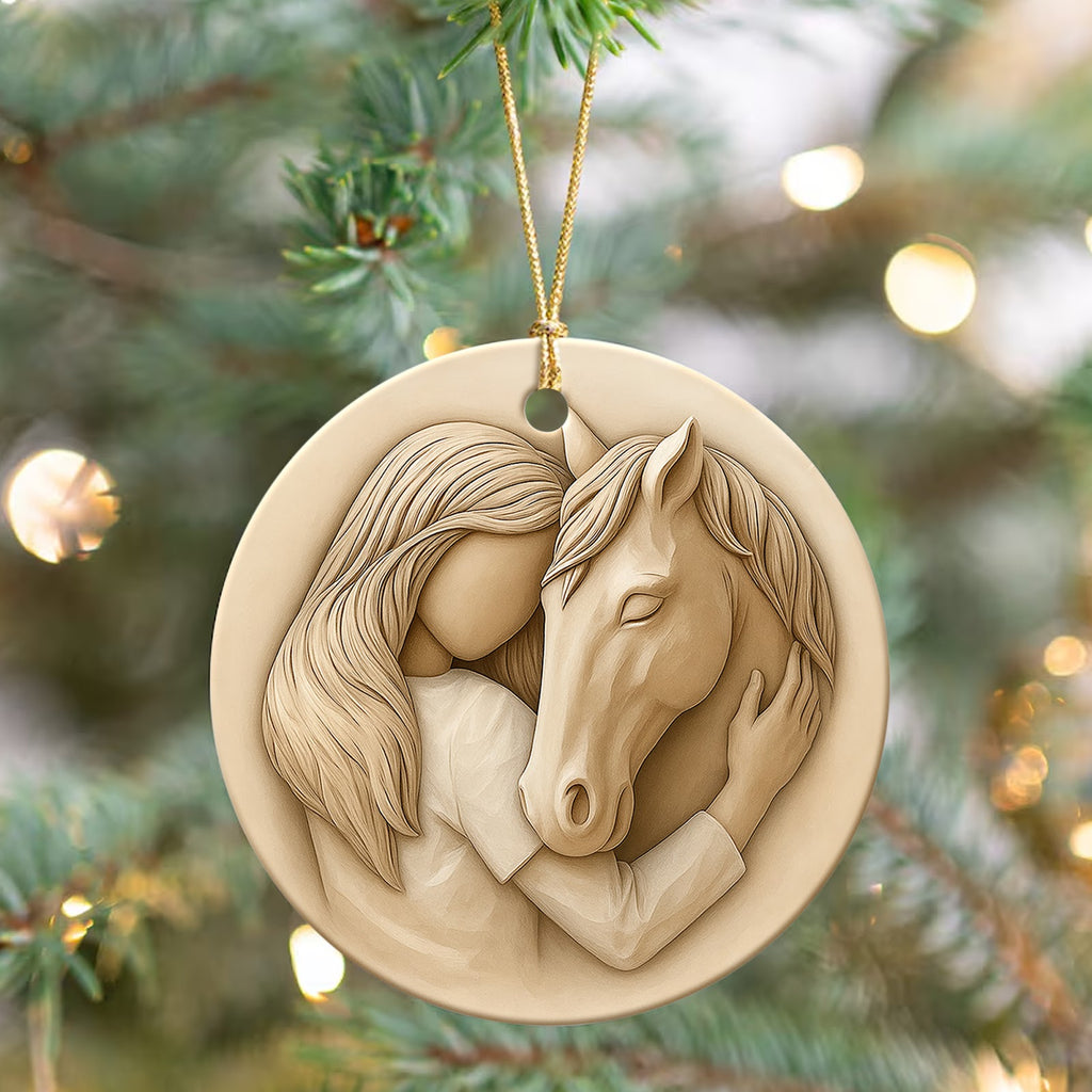 Horse Christmas Ornament, Girl And Horse Sculpted Gift, Ceramic Hanging Tree Decoration