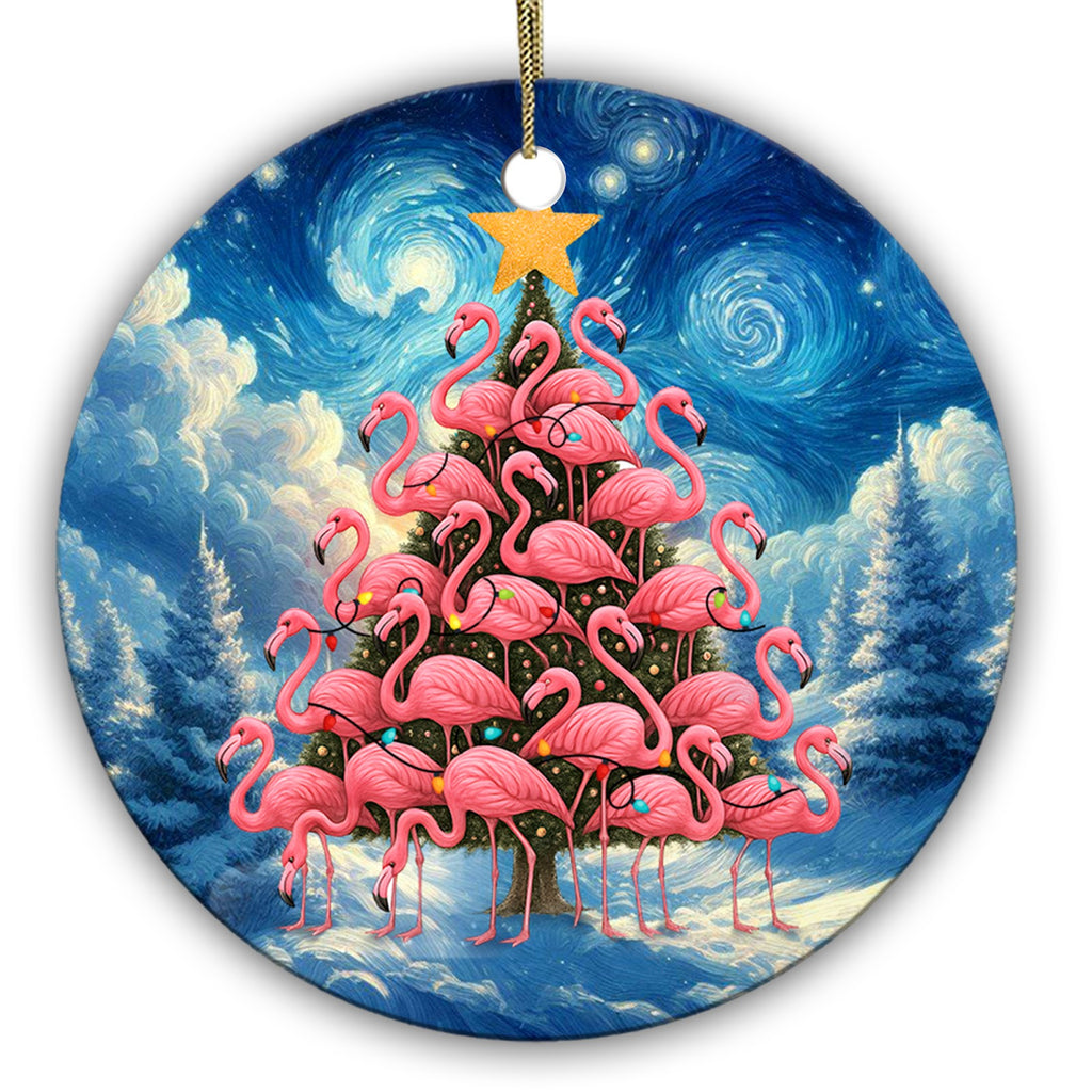 A Whole Tree Built From Pink Flamingos Under a Swirling Starry Sky. Ceramic Keepsake for Coastal Trees.