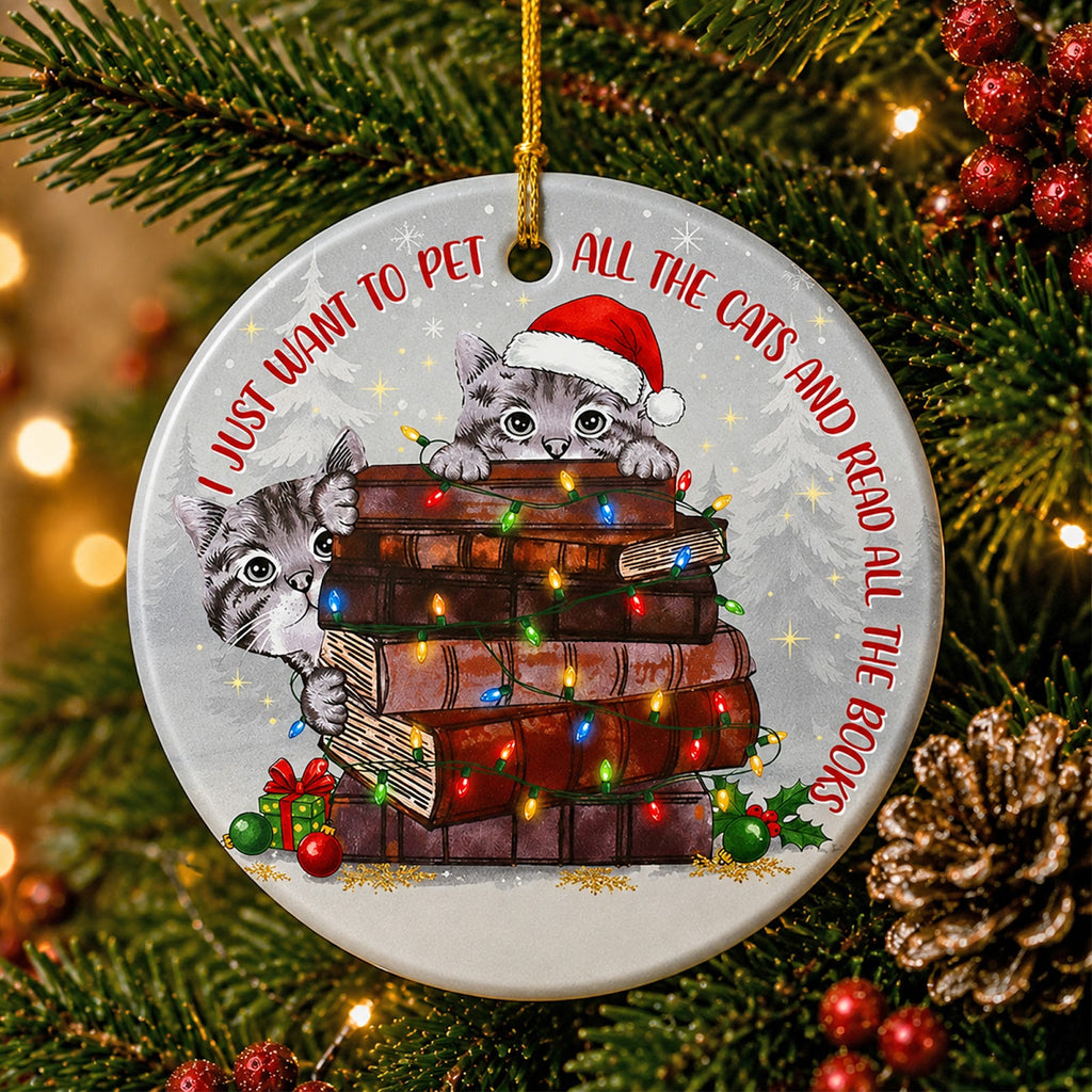 Cat And Book Christmas Ornament, Bookworm Cat Lover Gift, Ceramic Hanging Tree Decoration
