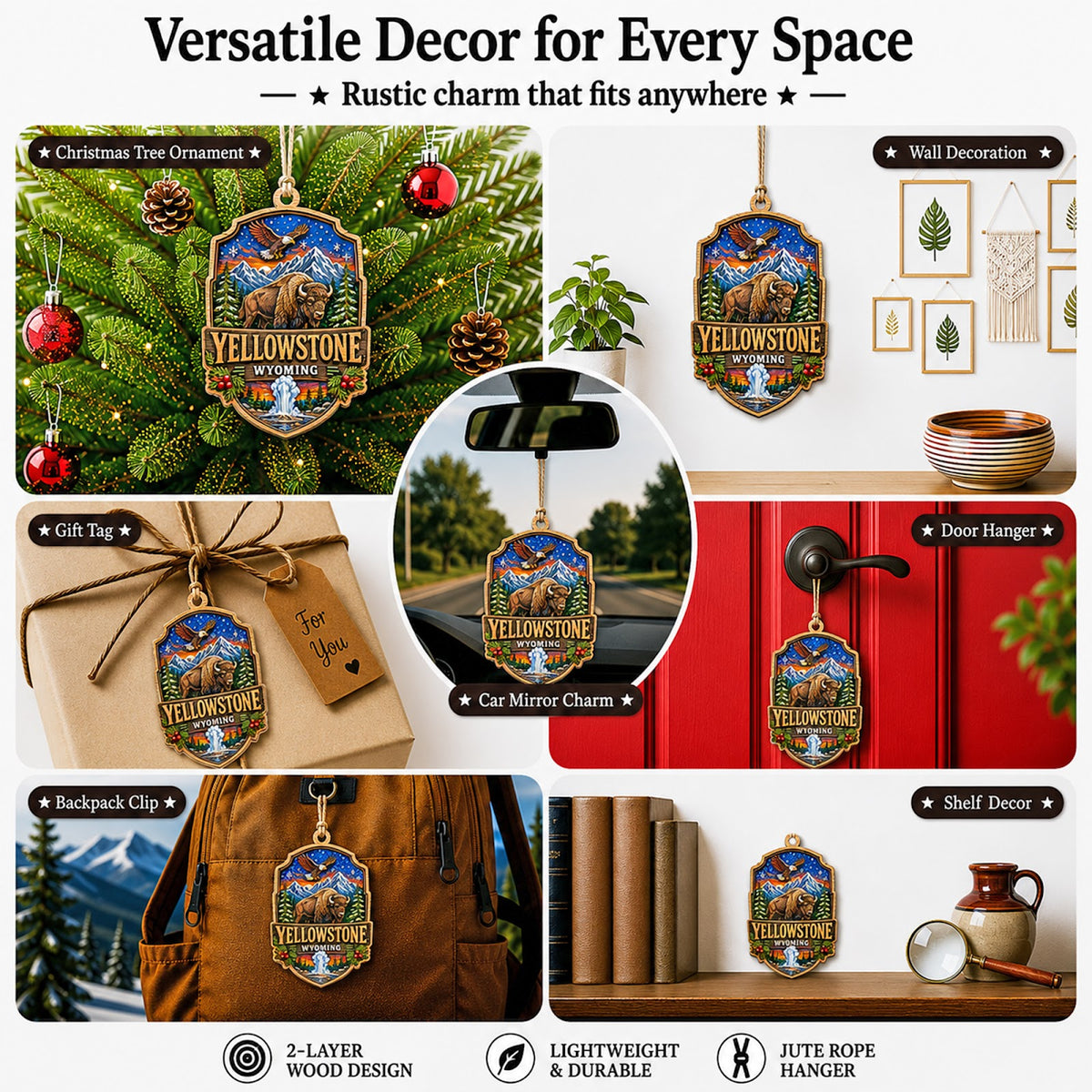 Yellowstone National Park Christmas Ornament, Wyoming Geyser and Bison Gift, Wood Ornament